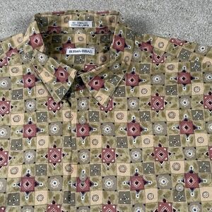 BURMA BIBAS Men's XL Button Up Short Sleeve Geometric Mosaic 60 Singles Cotton